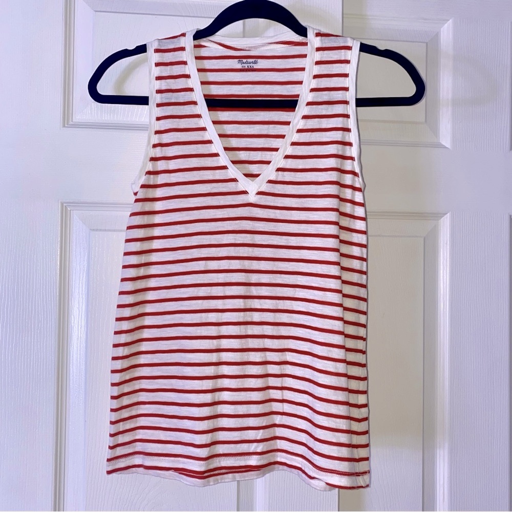 Madewell Red and White Striped V-Neck Tank Top